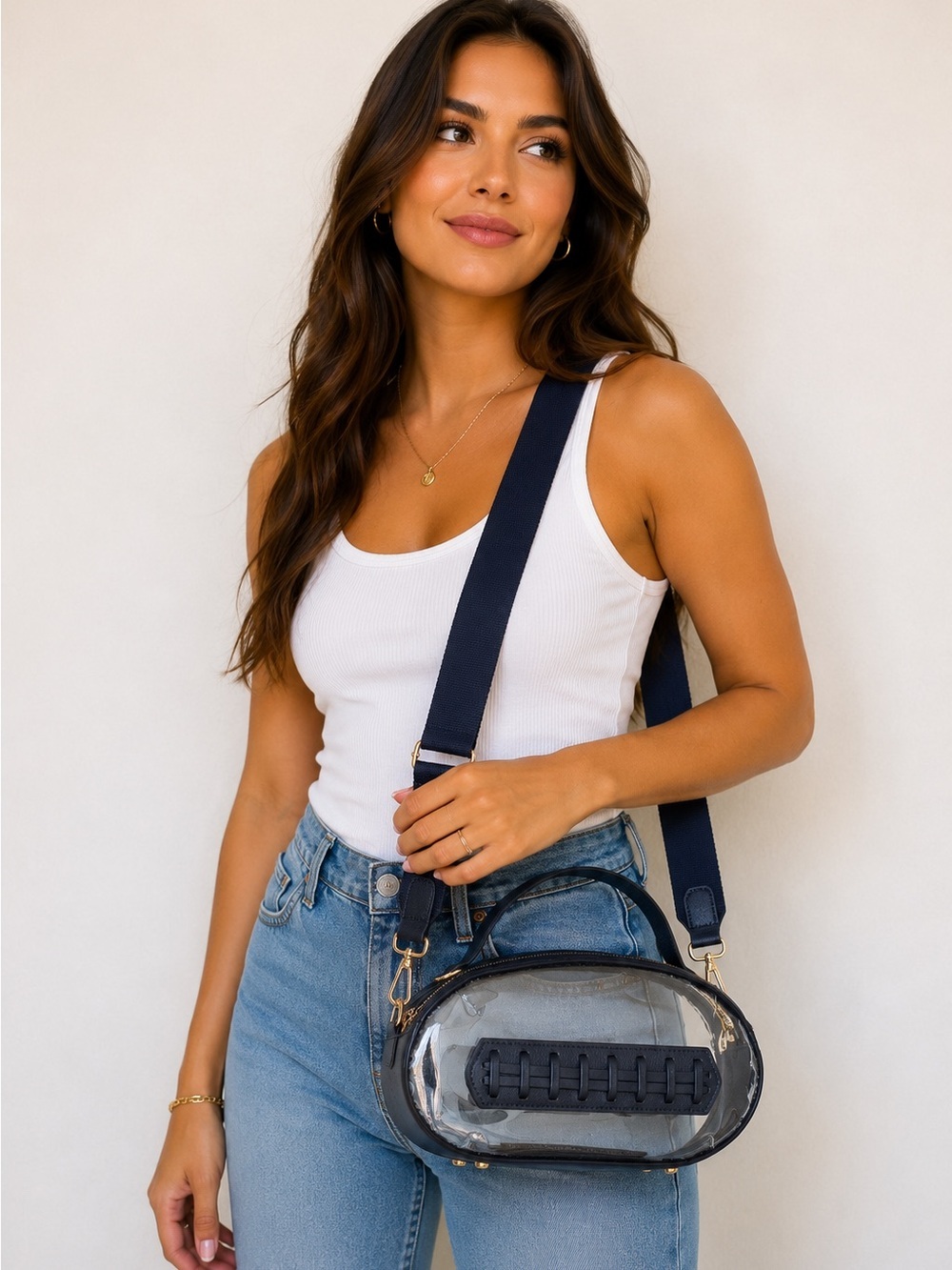 Clear Oval Crossbody Bag with black  Strap